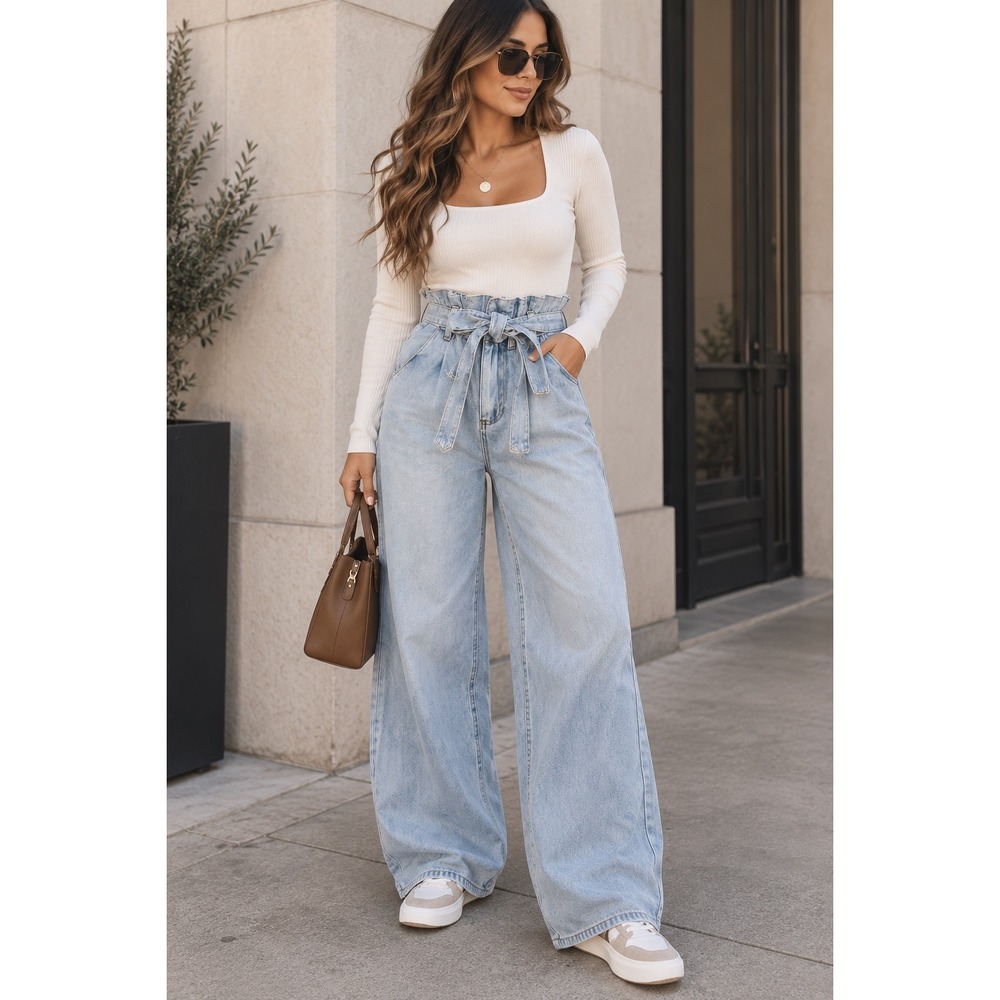 Blank NYC Women's High Rise Paperbag Wide Leg Jeans Cottagecore Denim Tie Waist